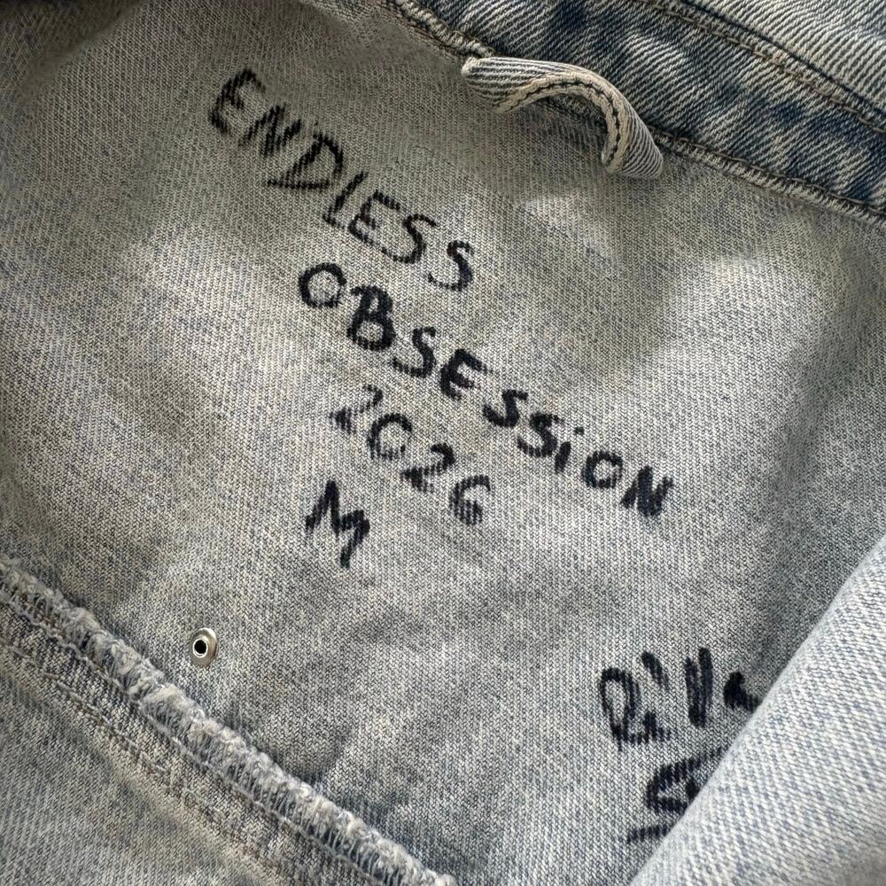 Upcycled Denim Jacket M Angel Cherub Grommet Stud Celestial Punk Boho Retro Blue - Picture 13 of 13